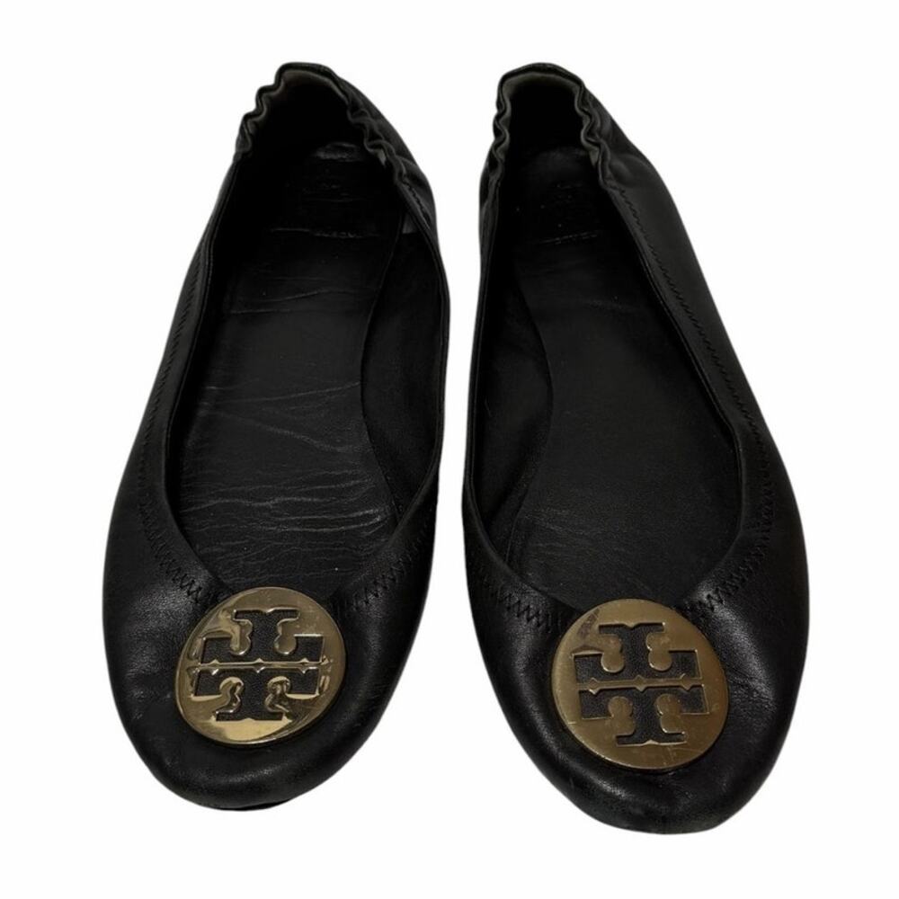 Tory Burch Flats Reva Black Leather Ballet Travel Flats size 10